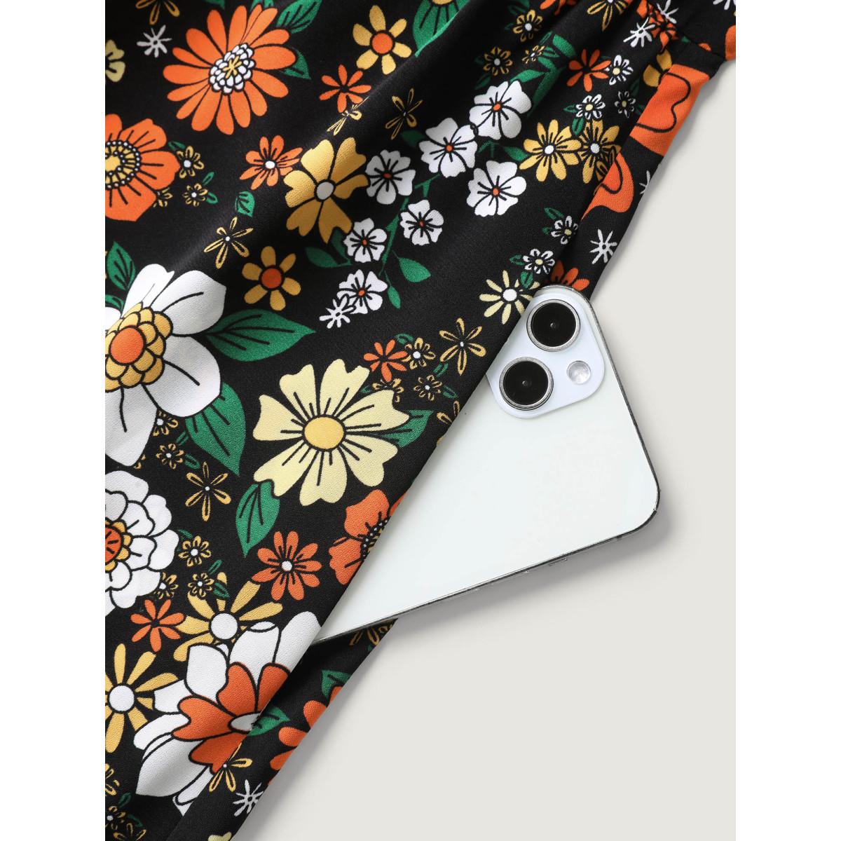 Plus Size Bright Floral Print Sweetheart Neckline Midi Dress Black Women Romantic Non V-neck Half Sleeve Curvy BloomChic 12/L Product Image