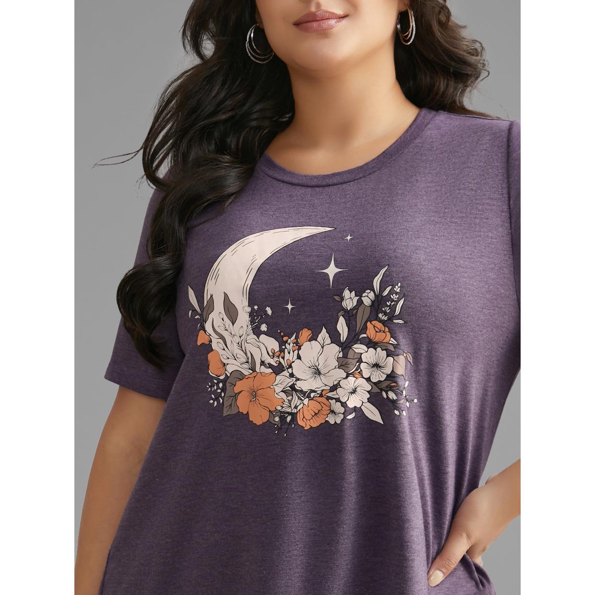 Plus Size Round Neck Moon & Floral Print T-shirt Eggplant Women Casual Non Natural Flowers Round Neck Everyday T-shirts BloomChic 10/M Product Image