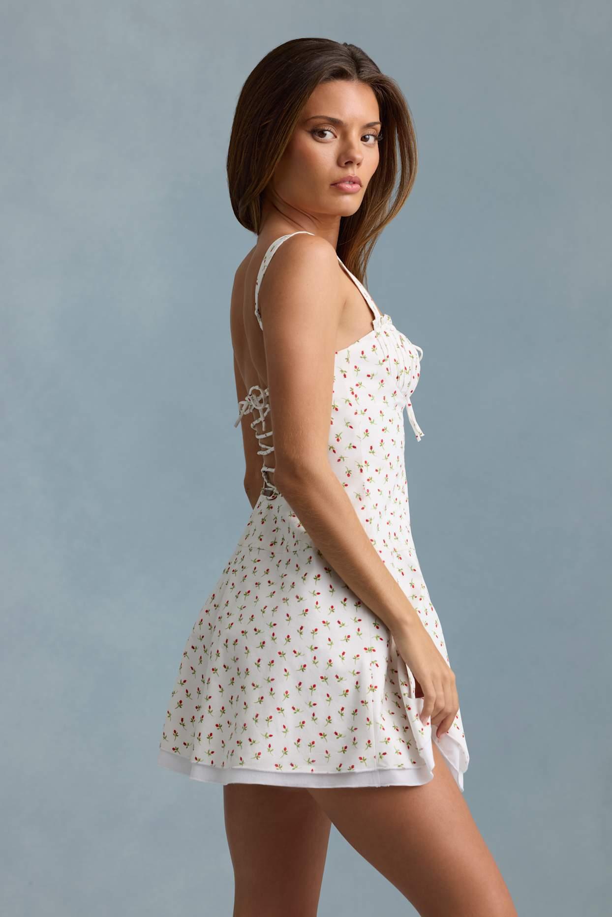 Lace-Up Cotton-Poplin Mini Dress in Rose Print Product Image