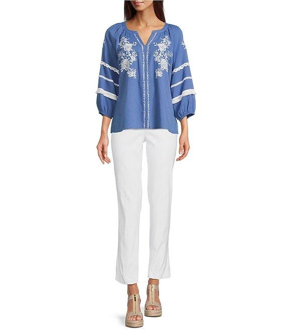 Ali Miles Woven Floral Embroidered Y-Neck 3/4 Sleeves Lace Trim Tunic Product Image