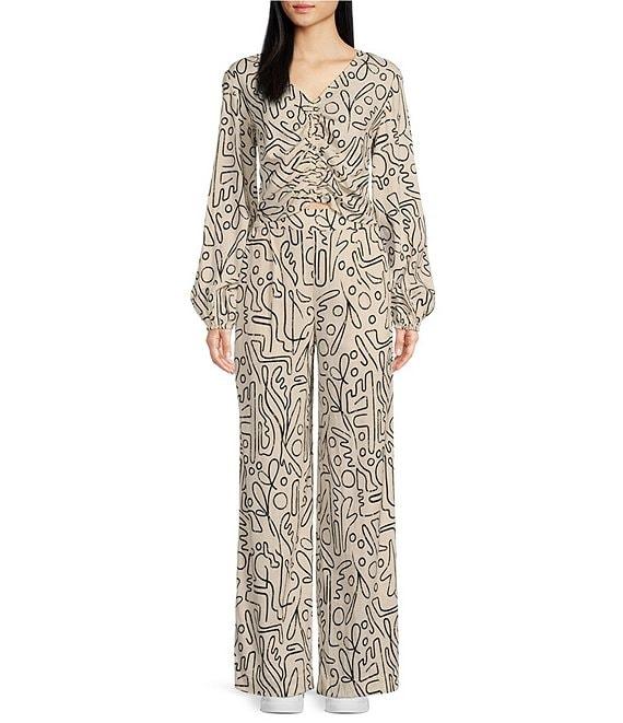 Every Abstract Print Linen Blend Long Sleeve Coordinating Crop Top Product Image