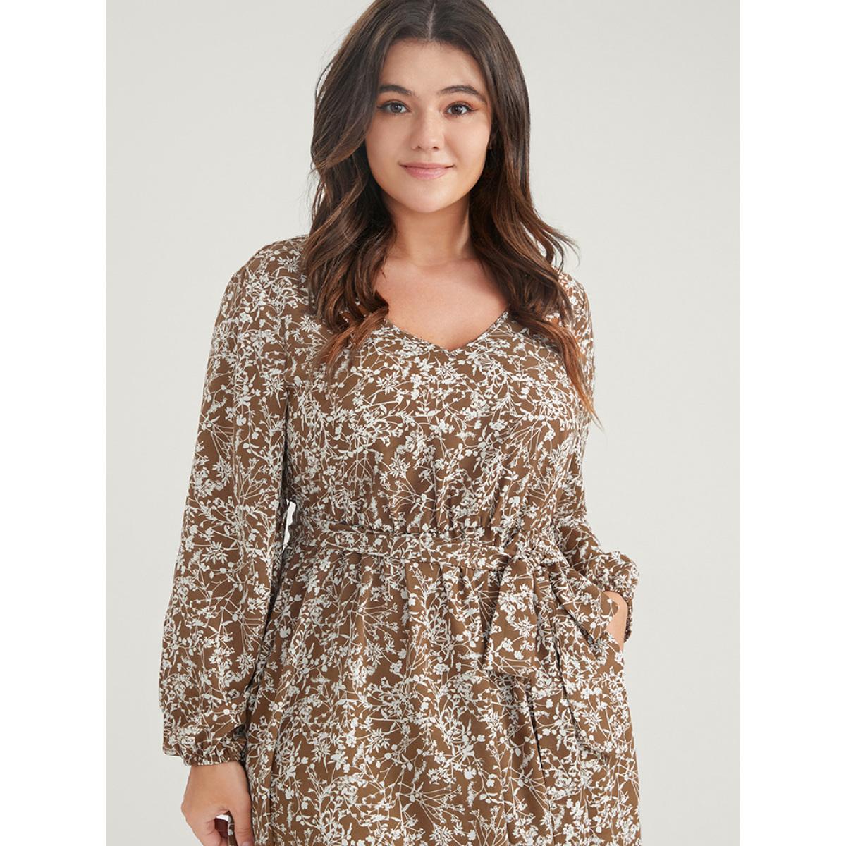 Plus Size Ditsy Floral Lantern Sleeve Pocket Belted Dress Bronze Women Elegant Belted V-neck Long Sleeve Curvy Midi Dress BloomChic 10/M Product Image