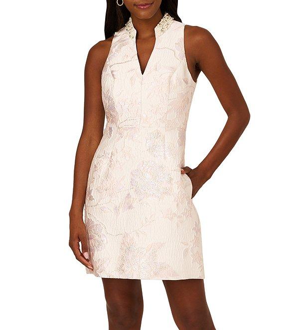 Adrianna Papell Floral Jacquard V-Neck Sleeveless Pearl Trim A-Line Dress Product Image