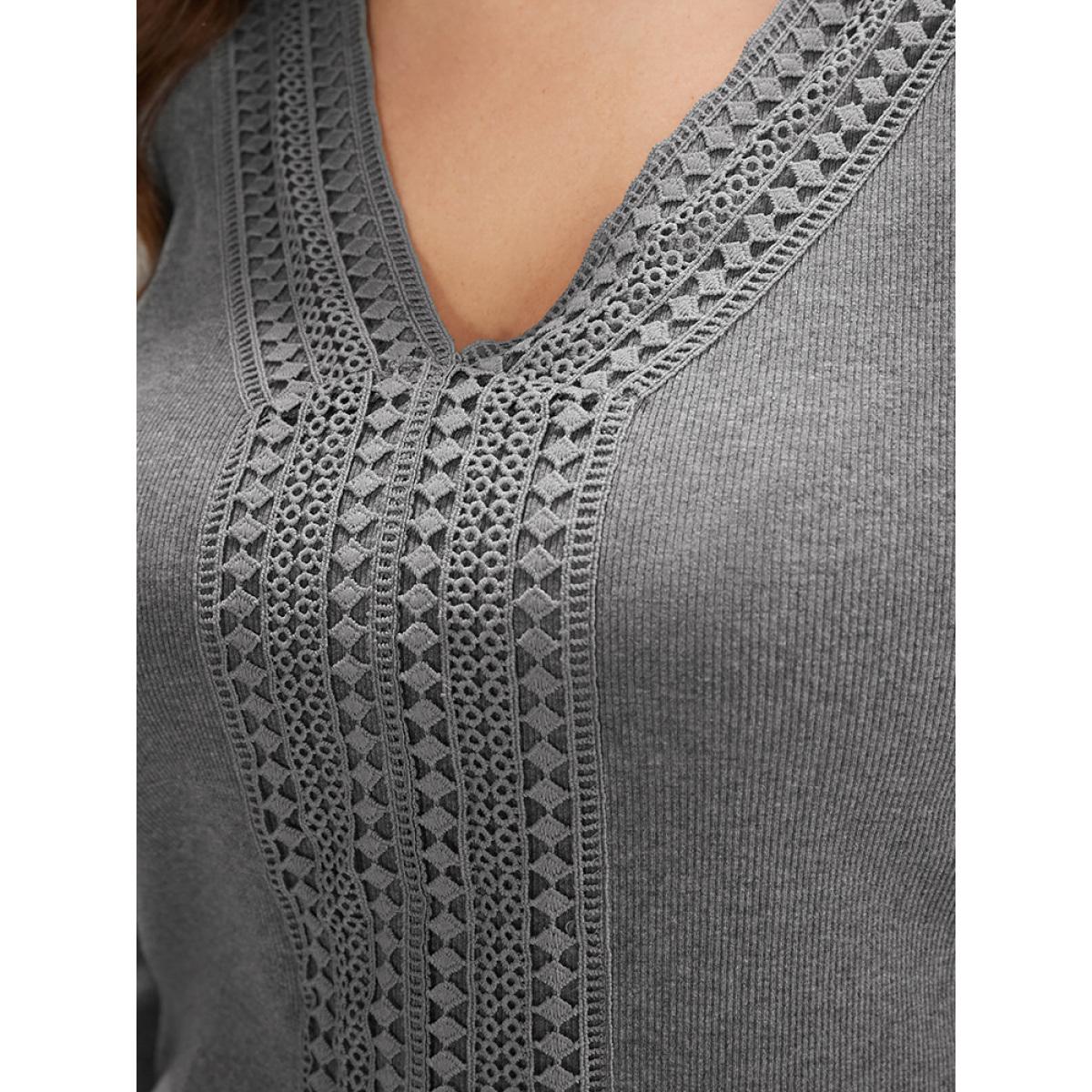 Plus Size Solid V Neck Crochet Lace Rib Knit Long Tee Gray Women Elegant Patchwork Plain V-neck Dailywear T-shirts BloomChic 10/M Product Image