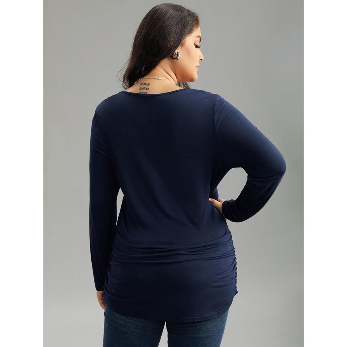 Plus Size Supersoft Essentials Plain Wrap Gathered T-shirt Indigo Women Elegant Gathered Plain V-neck Dailywear T-shirts BloomChic 26/4X Product Image