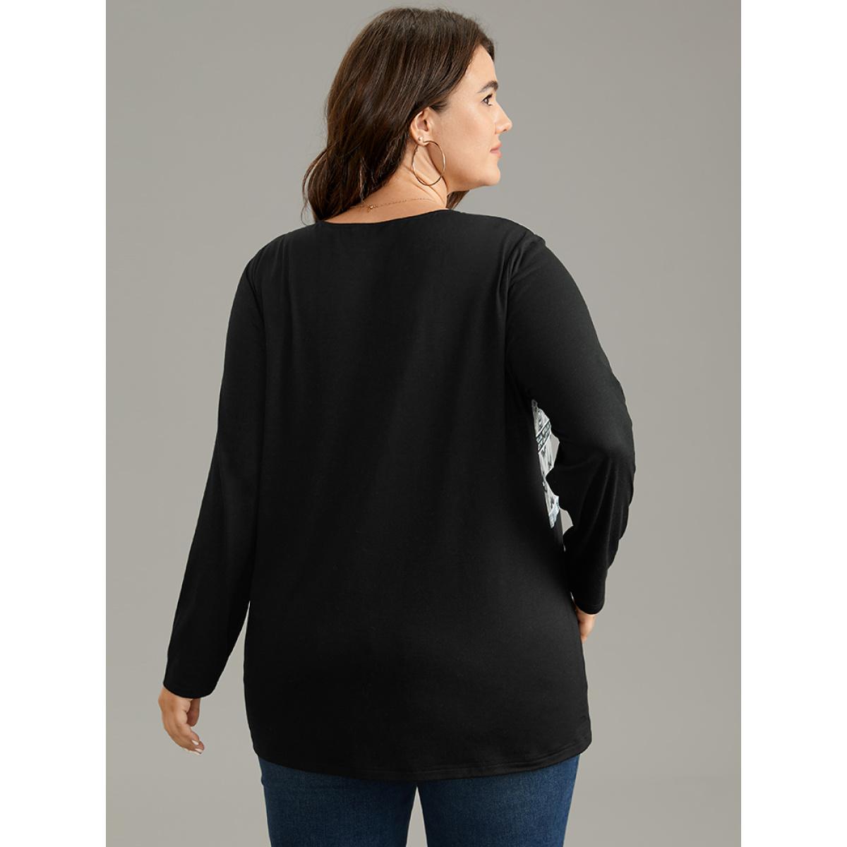 Plus Size Boho Print Patchwork Button Up T-shirt Black Women Casual Patchwork Bohemian Print Round Neck Dailywear T-shirts BloomChic 26/4X Product Image