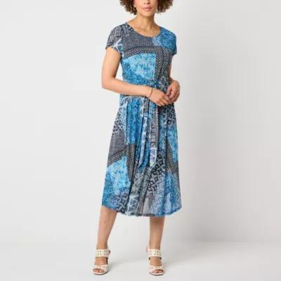 Robbie Bee Womens Short Sleeve Patchwork Midi Fit + Flare Dress Product Image