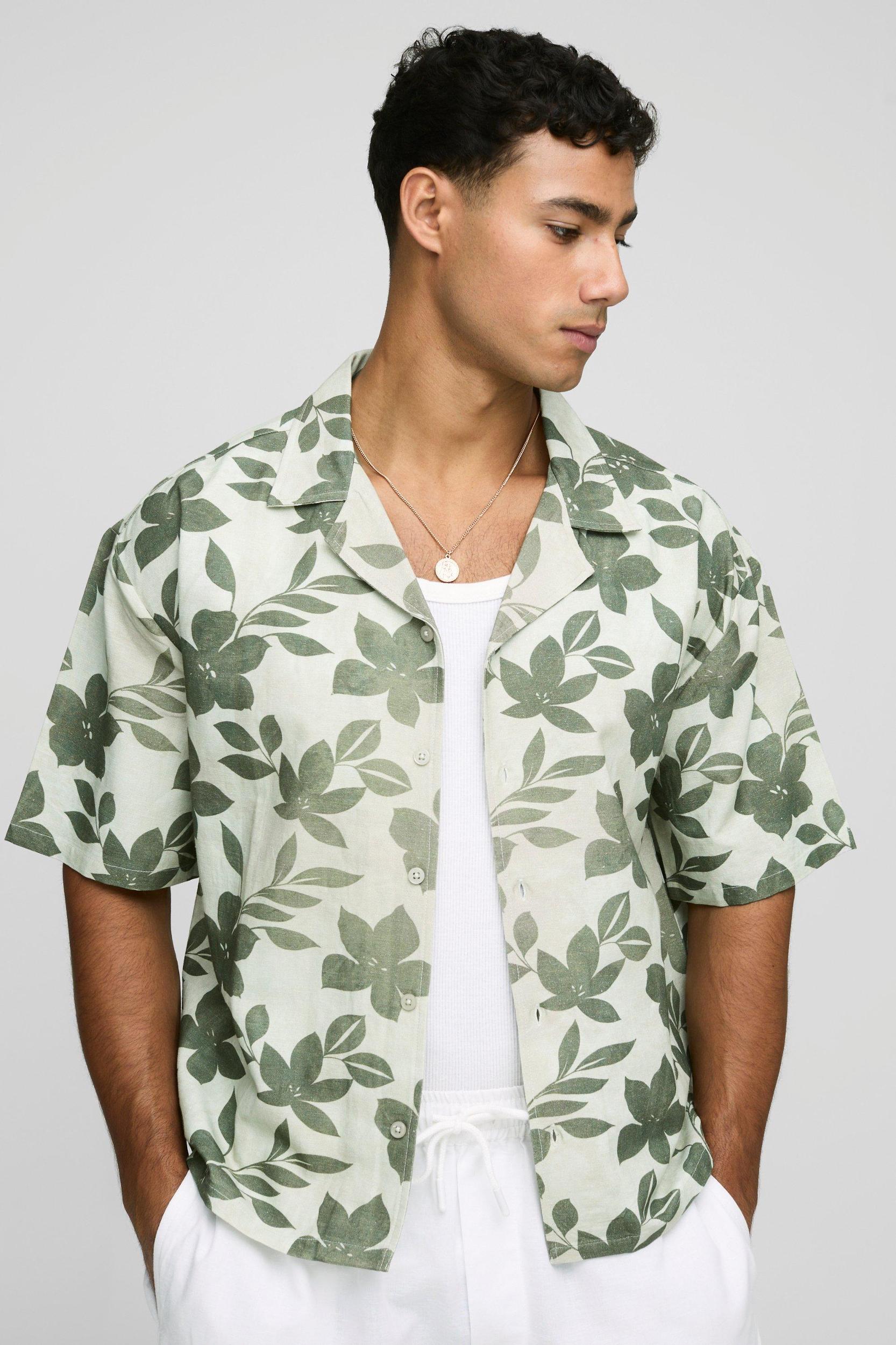 Oversized Floral Print Linen Blend Shirt | boohooMAN USA Product Image