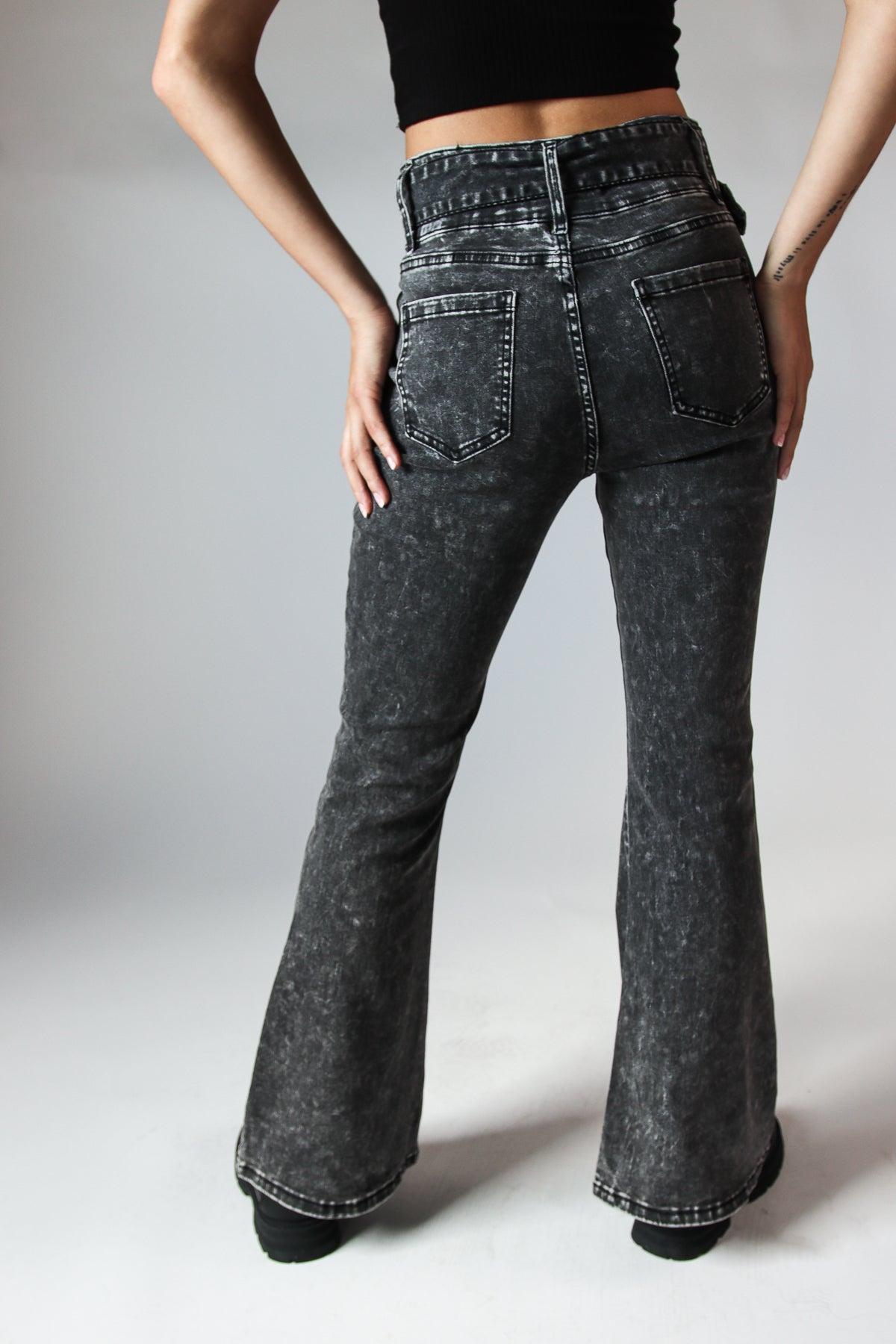 Belted Flare Grunge Wash Jeans Product Image