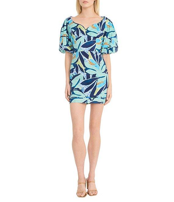 Donna Morgan Poplin Floral Print Sweetheart Neck Short Sleeve Sheath Mini Dress Product Image