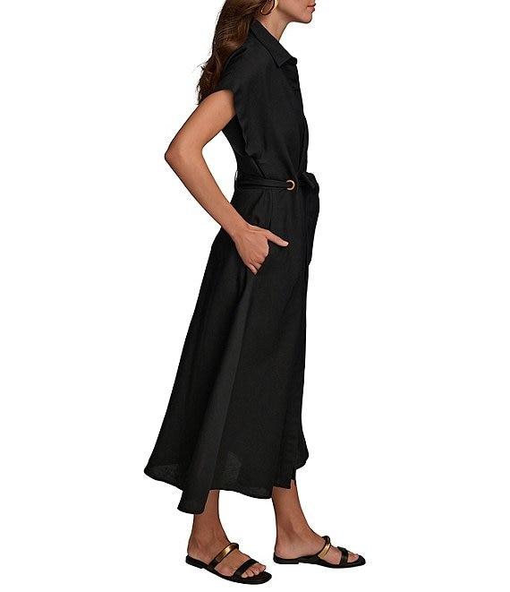 Donna Karan Short Sleeve Point Collar Tie Waist Linen Blend Midi A-Line Dress Product Image