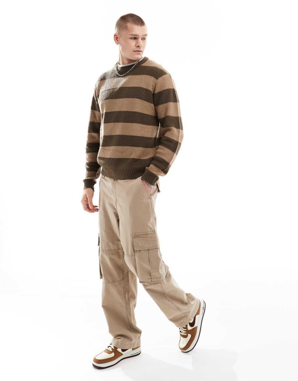 Another Influence chunky striped round neck sweater in brown Product Image