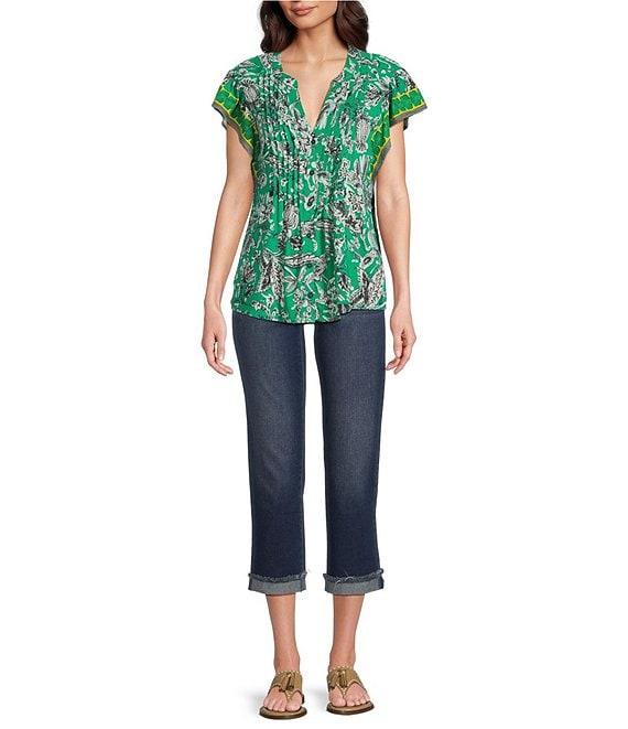 Figueroa & Flower Woven Printed Mandarin Collar Short Ruffle Sleeve Button Front Blouse Product Image