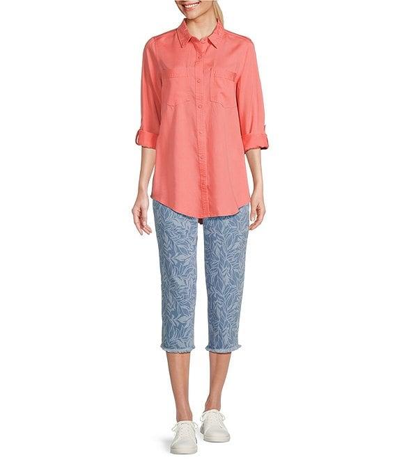 Intro Abstract Leaf Print Frayed Hem Pull-On Capri Denim Pants Product Image