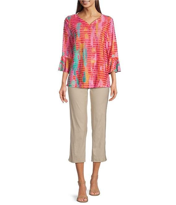 Ali Miles Knit Printed V-Neck 3/4 Bell Cuff Sleeve Tunic Product Image