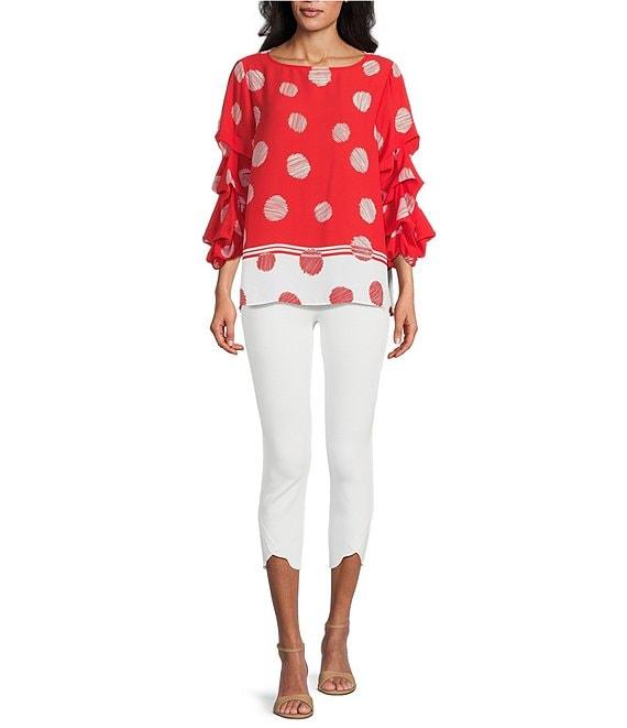 Slim Factor By Investments Kara Poppy Red Scribble Dots Boat Neck 3/4 Tiered Sleeve Top Product Image