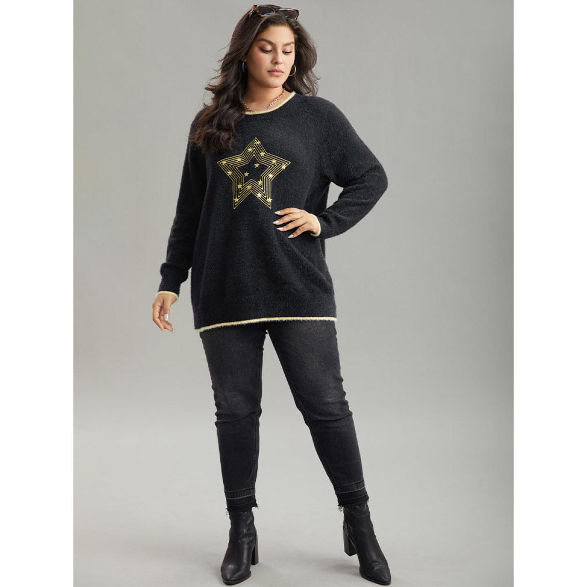Plus Size Star Embroidered Contrast Trim Pullover Black Women Casual Loose Long Sleeve Round Neck Dailywear Pullovers BloomChic 30/6X Product Image