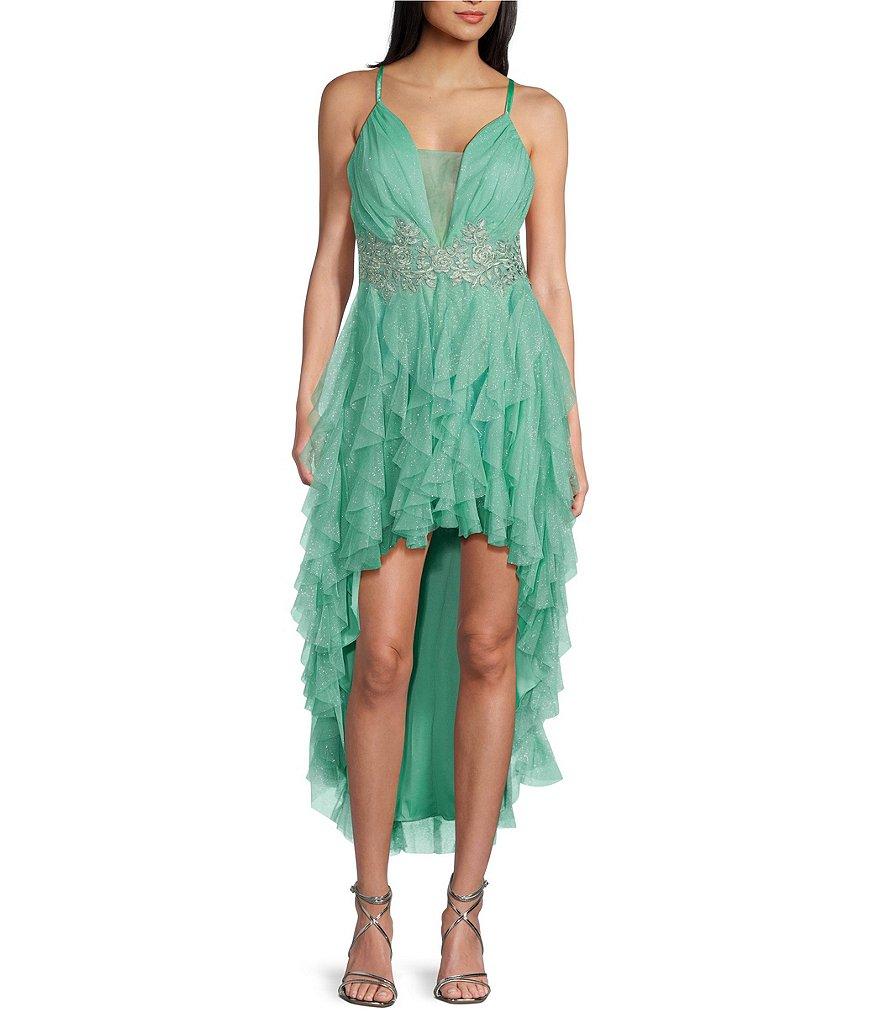 Pear Culture Spaghetti Strap Hi-Low Embroidered Applique Dress Product Image