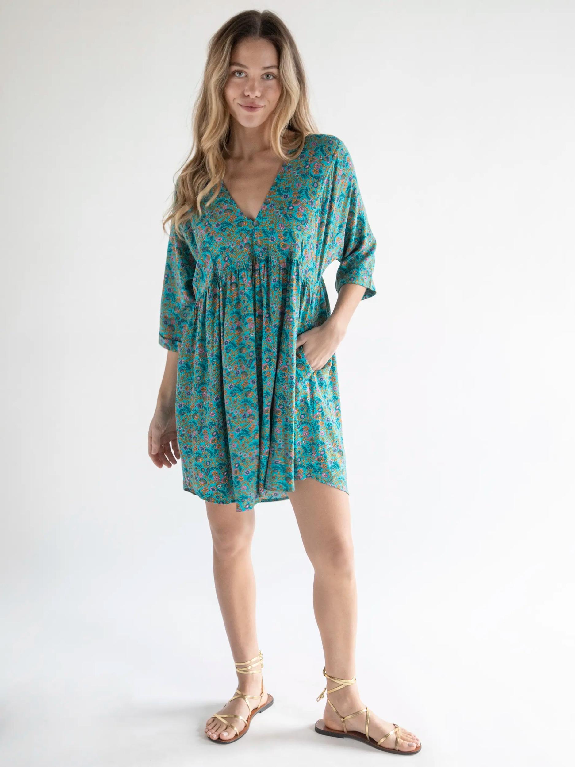 Stella V-Neck Mini Dress - Turquoise Ditsy Vines Product Image
