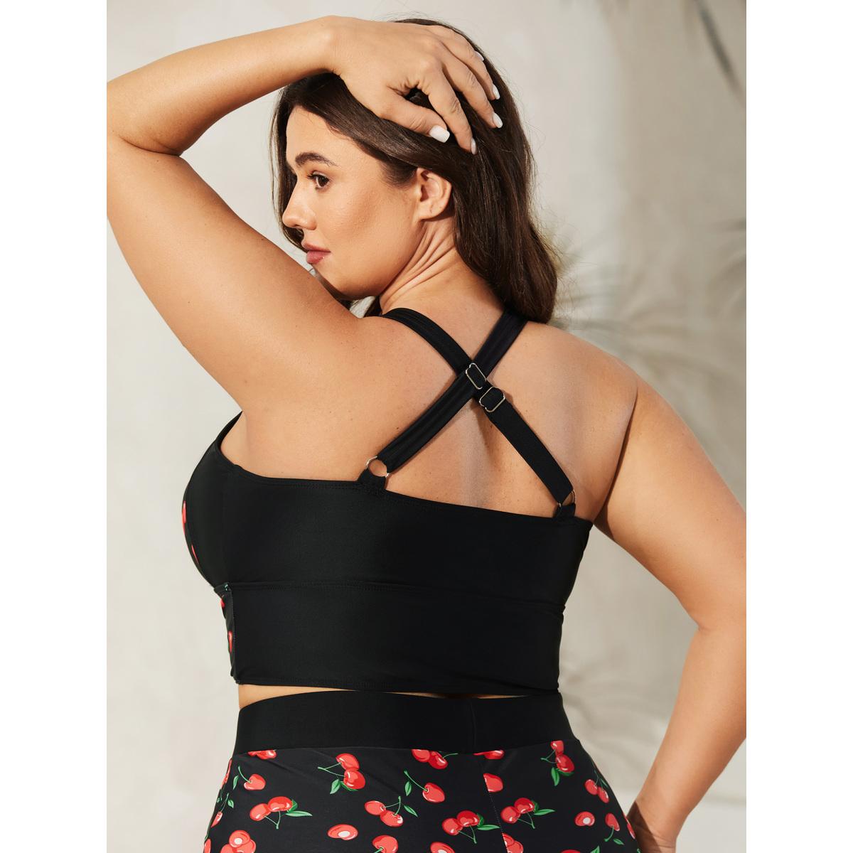 Plus Size Cherry Print Ruched Drawstring Swim Top Women's Swimwear Black Resort High stretch Skinny Heart neckline Curve Swim Tops BloomChic 18-20/2X Product Image