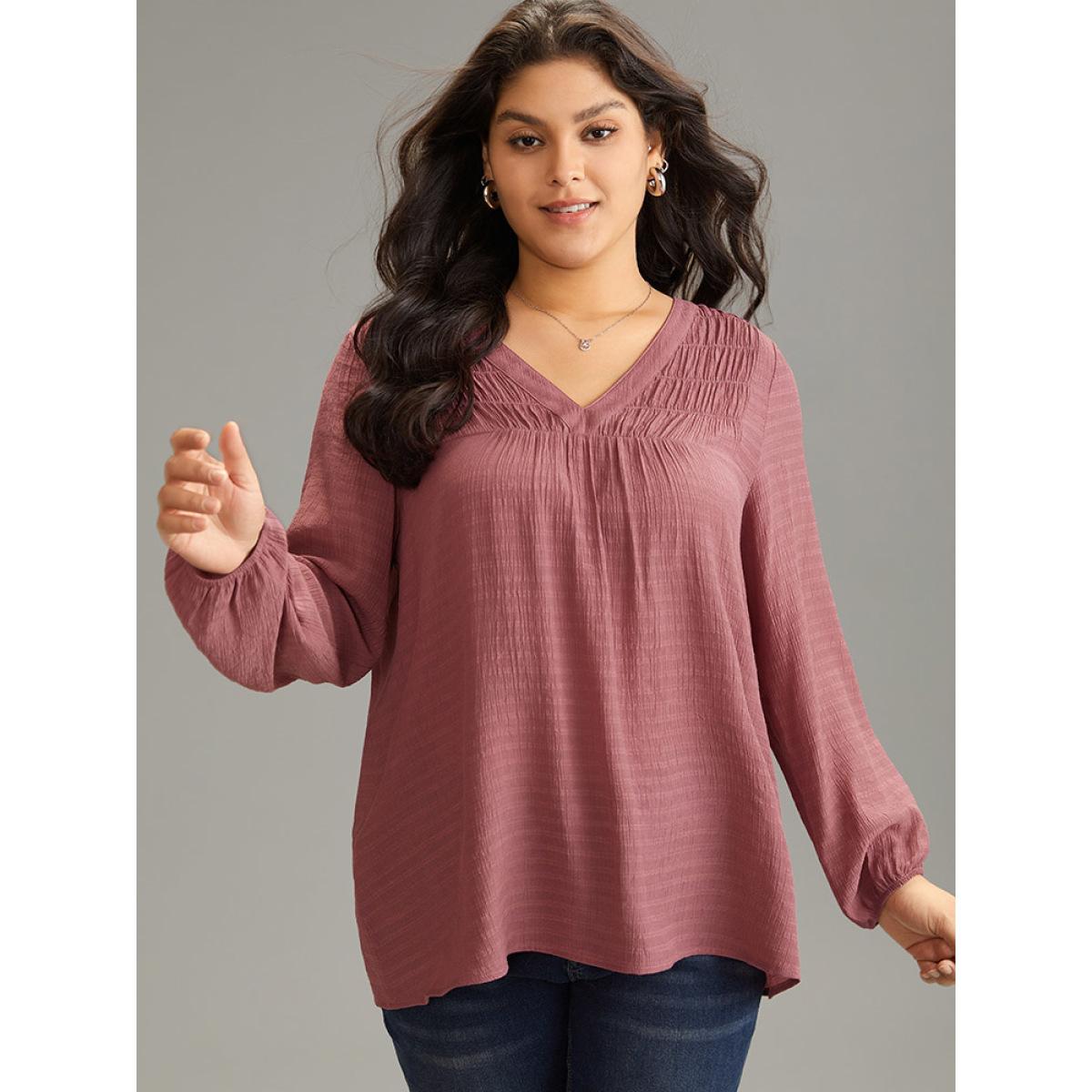 Plus Size DustyPink Plain Gathered Texture Lantern Sleeve Blouse Women Elegant Long Sleeve V-neck Dailywear Blouses BloomChic 14-16/1X Product Image