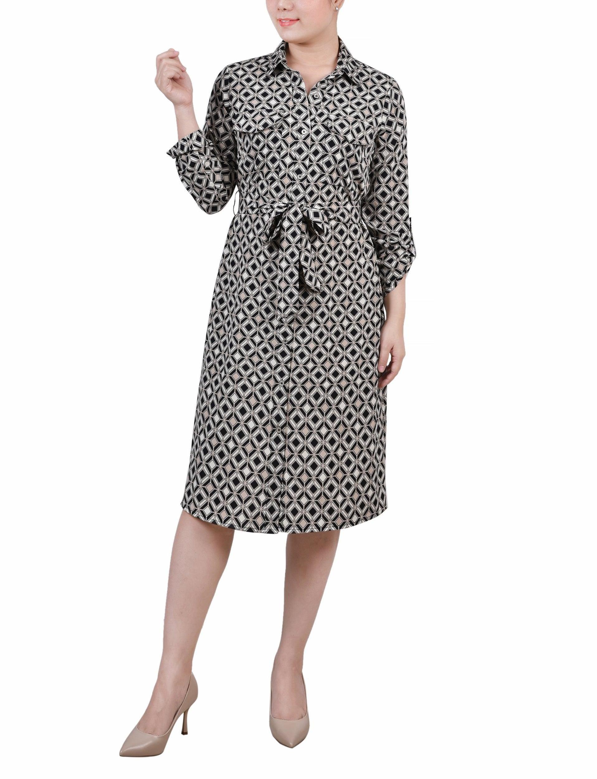Black Doeskin Geo 3/4 Roll Tab Sleeve Belted Shirtdress - Petite Product Image