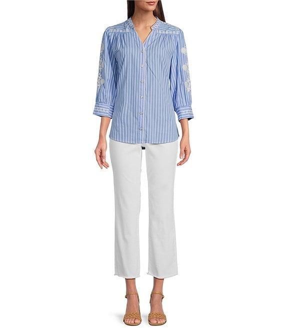 Calessa Embroidered Stripe Split V-Neck 3/4 Sleeve Button Front Shirt Product Image