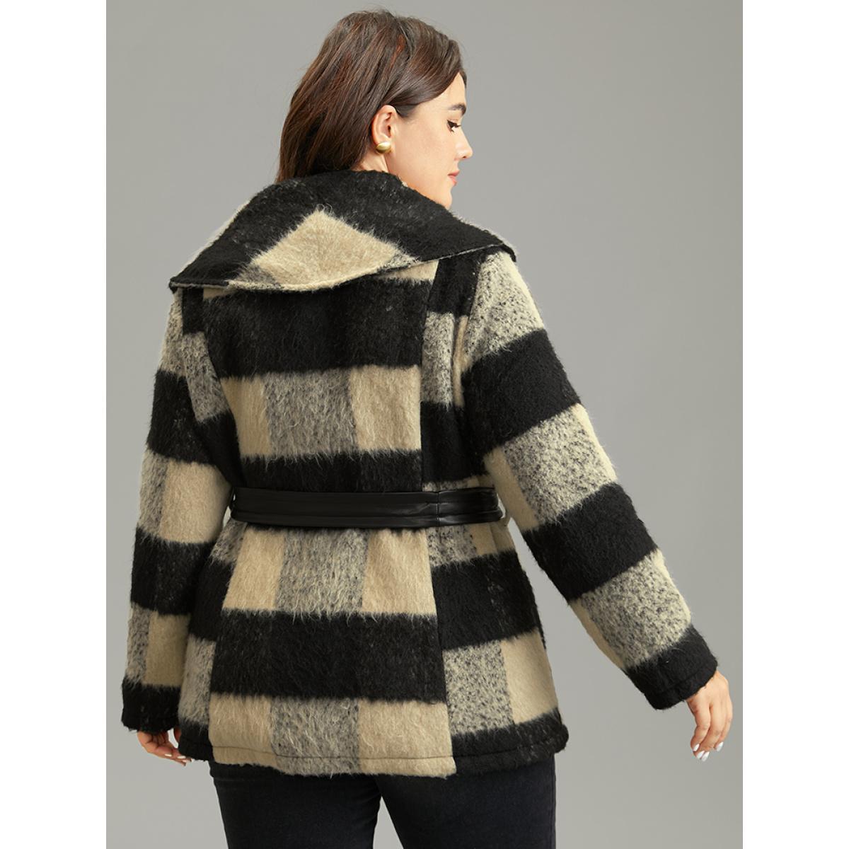 Plus Size Plaid PU Leather Belted Lapel Collar Coat Women Black Casual Lined Ladies Dailywear Winter Coats BloomChic 18-20/2X Product Image