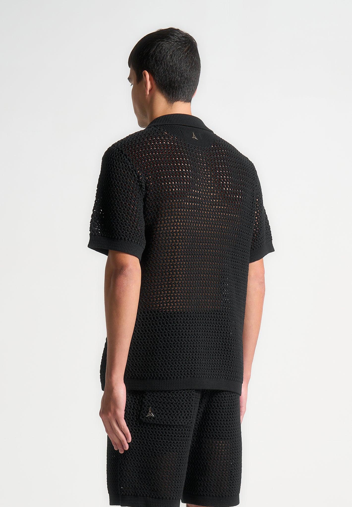Crochet Knit Polo Shirt  - Black Male Product Image