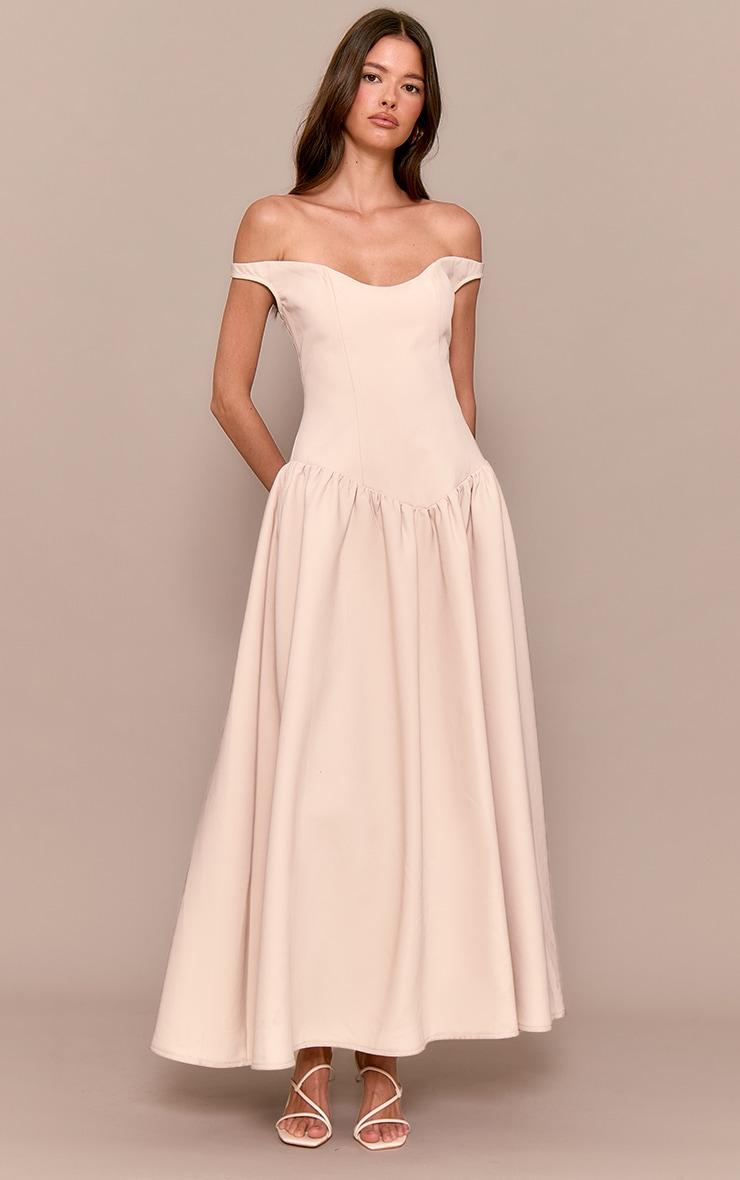 Cream Woven Dipped Bardot Ruched Midaxi Dress Product Image