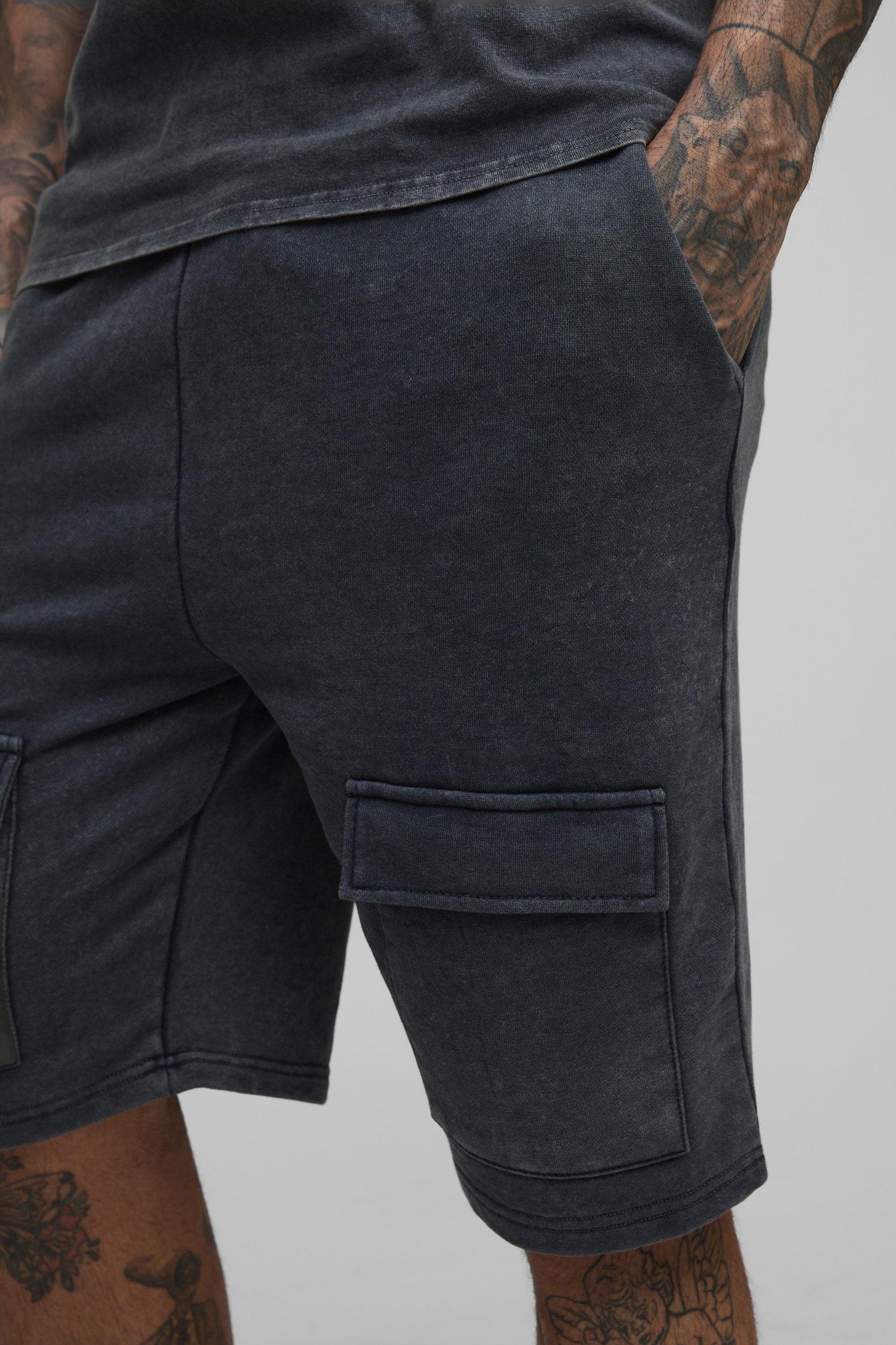 Tall Loose Fit Cargo Acid Wash Sweat Shorts | boohooMAN USA Product Image