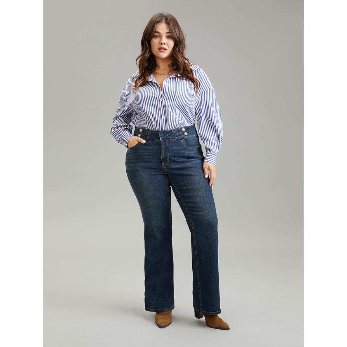 Plus Size Dark Wash Full Length Button Detail Jeans Women Indigo Casual Plain Plain High stretch Pocket Jeans BloomChic 24/3X Product Image