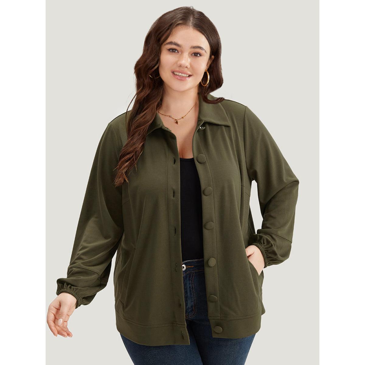 Plus Size Plain Slant Pocket Button Up Elastic Cuffs Jacket Women ArmyGreen Elastic cuffs Pocket Everyday Jackets BloomChic 30/6X Product Image