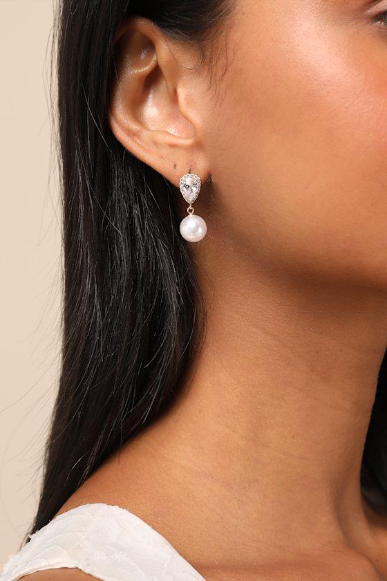 Miona Gold and White Pearl Rhinestone Drop Earrings Product Image