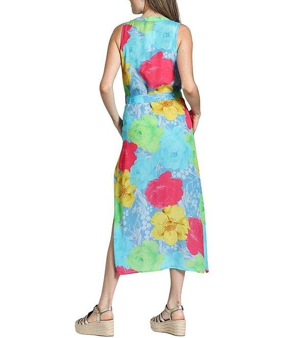 APNY Woven Floral Print Mandarin Collar Sleeveless Belted Shirt Midi Dress Product Image