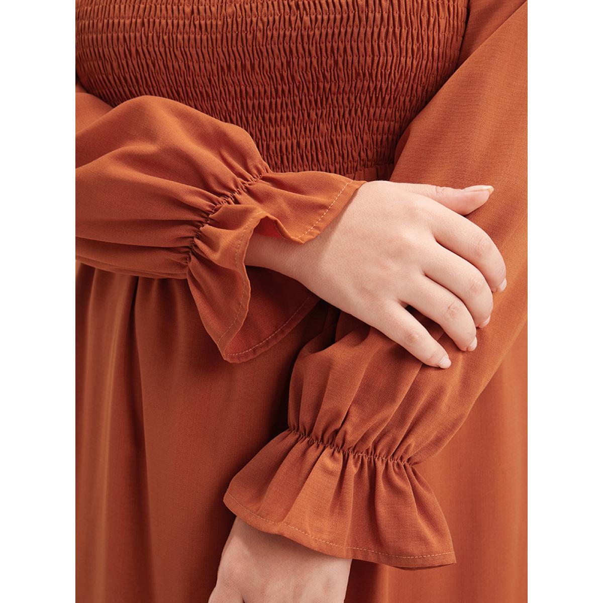 Plus Size Solid Shirred Square Neck Lantern Sleeve Split Hem Dress Rust Women Elegant Shirred Square Neck Long Sleeve Curvy Midi Dress BloomChic 22-24/3X Product Image