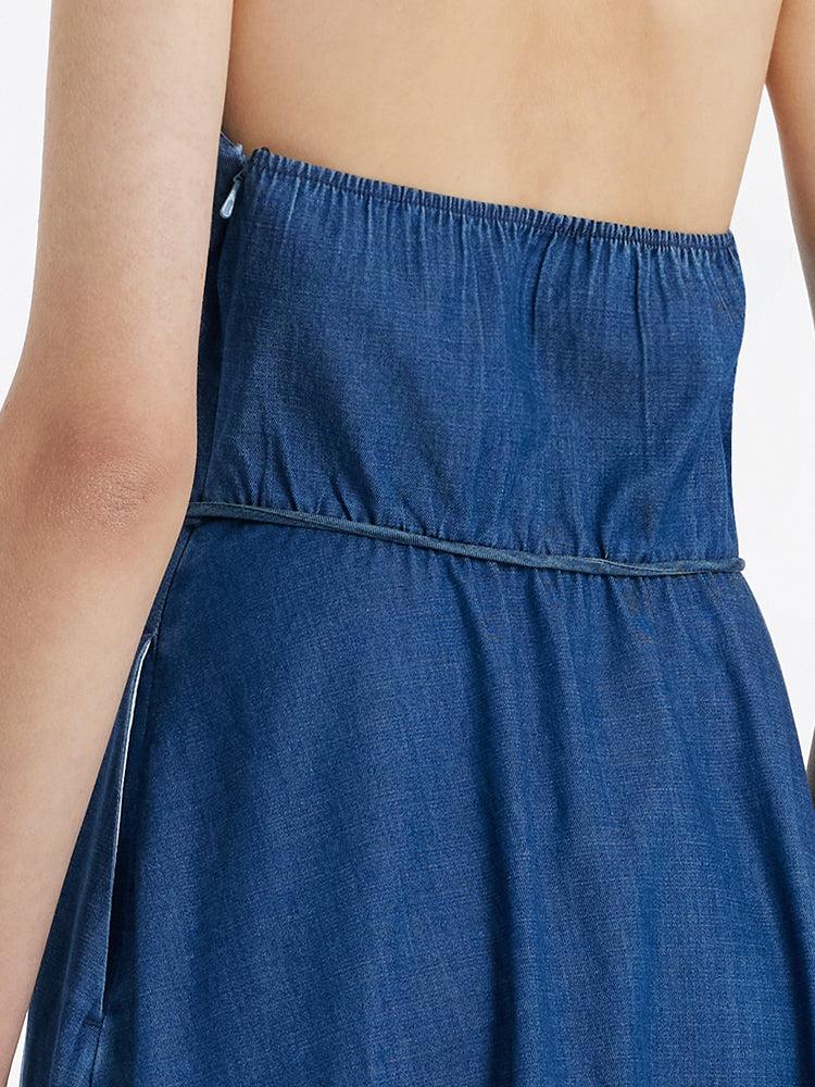 Denim Halter Women Midi Dress With Rope Belt Product Image
