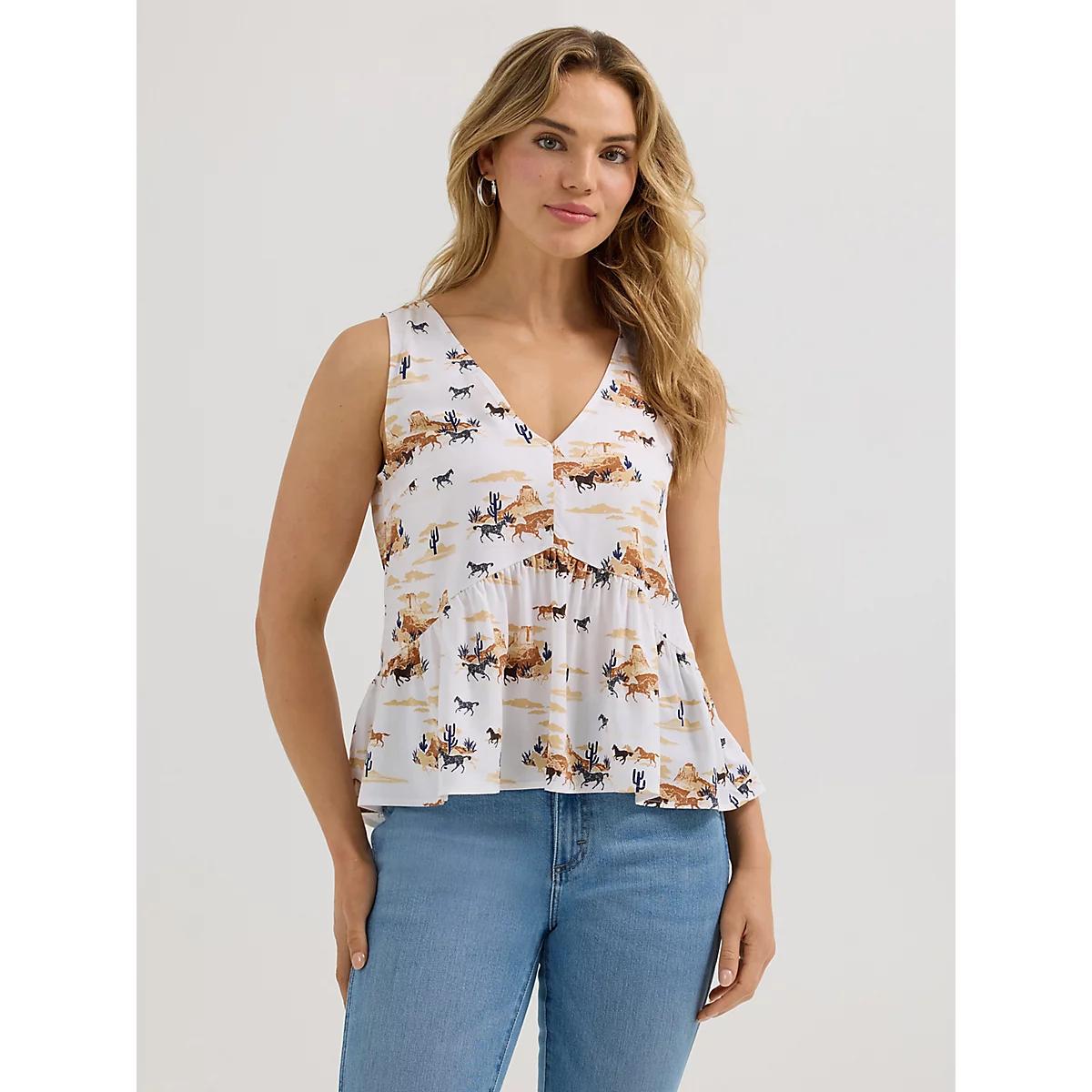 Women's Wrangler V-Neck Peplum Tank in Desert Print Product Image