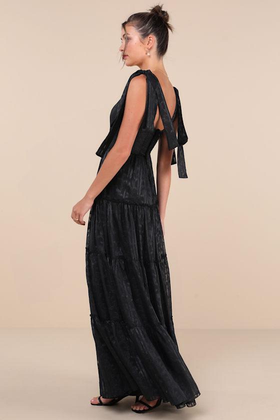 Picturesque Allure Black Jacquard Tie-Strap Maxi Dress Product Image