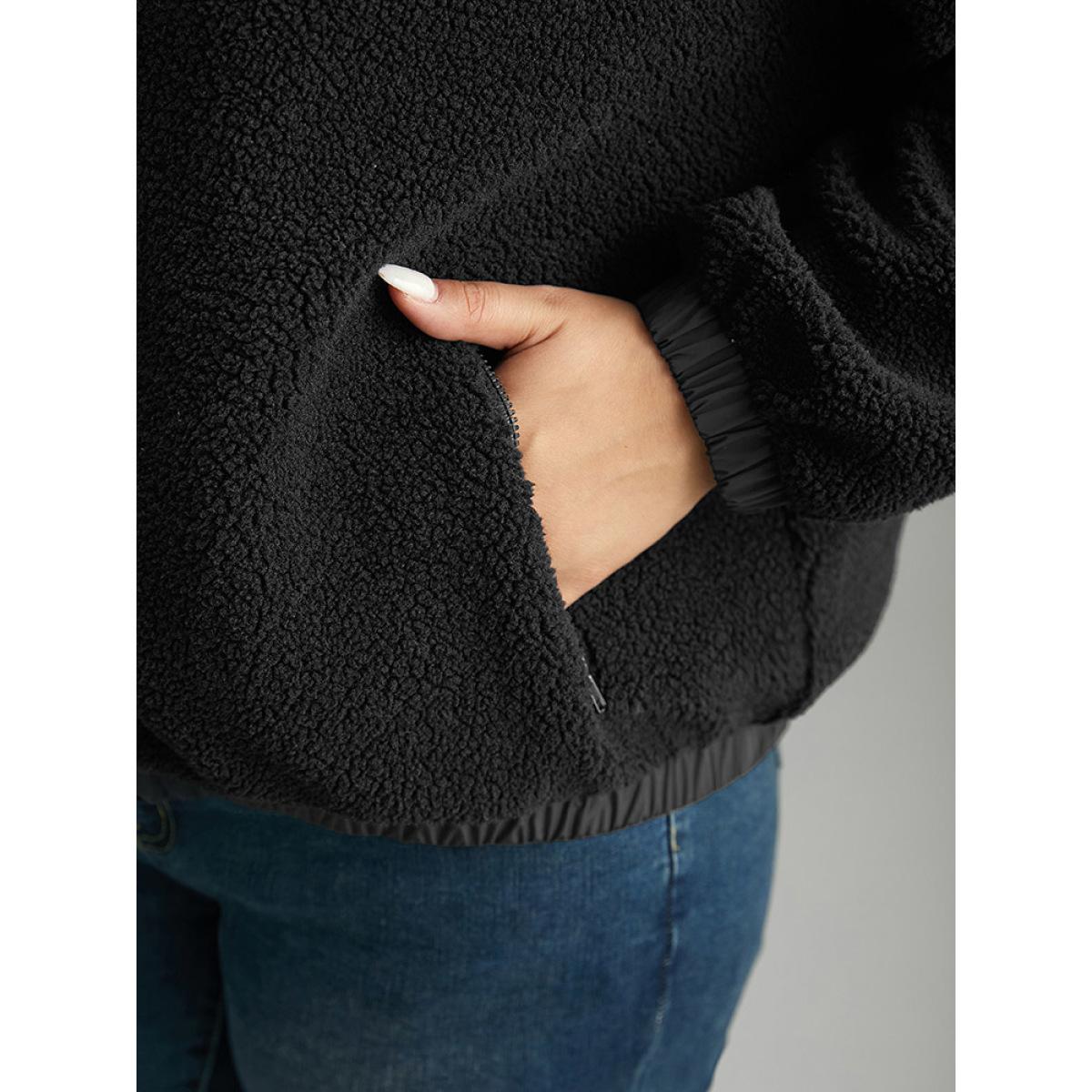 Plus Size Solid Patchwork Button Up Pocket Zipper Jacket Women Black Zipper Pocket Dailywear Jackets BloomChic 12/L Product Image