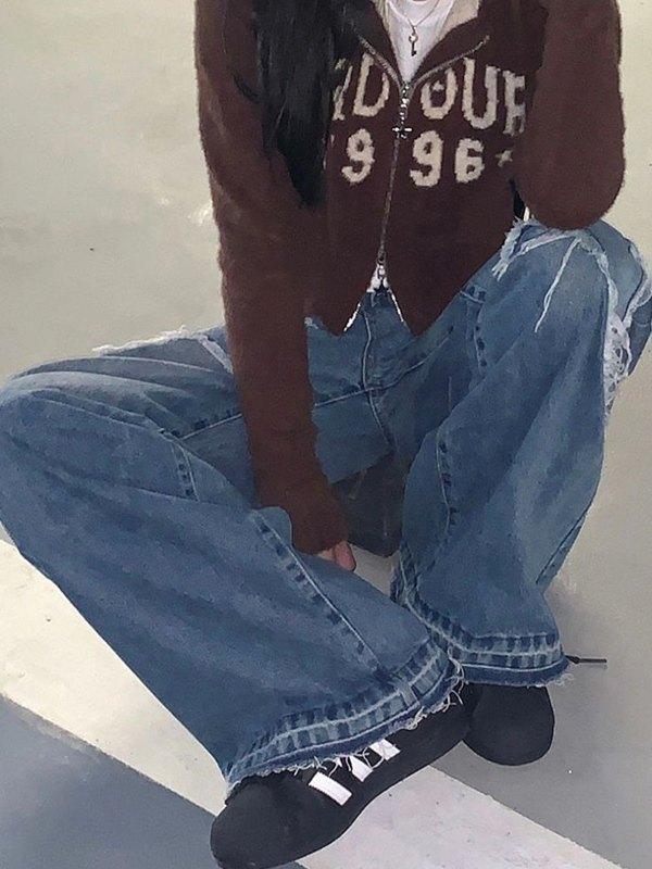 Star Patch Distressed Blue Boyfriend Jeans Product Image