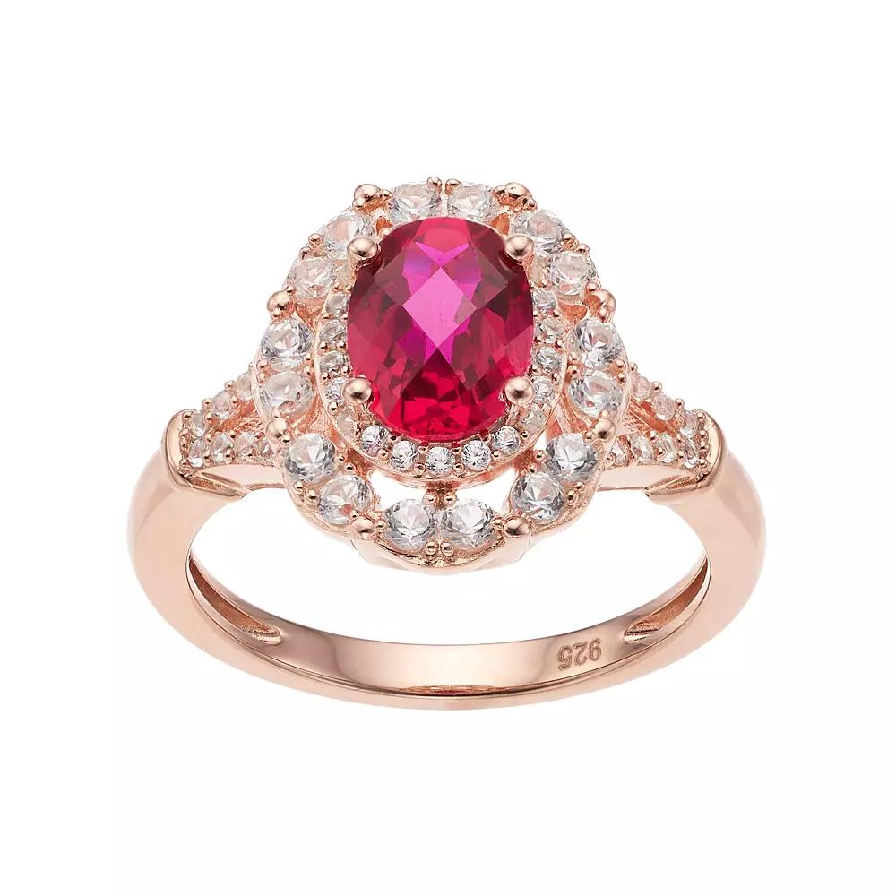 14k Rose Gold Over Silver Lab-Created Ruby & White Sapphire Oval Halo Ring, Women's, Size: 6, Pink Tone Product Image