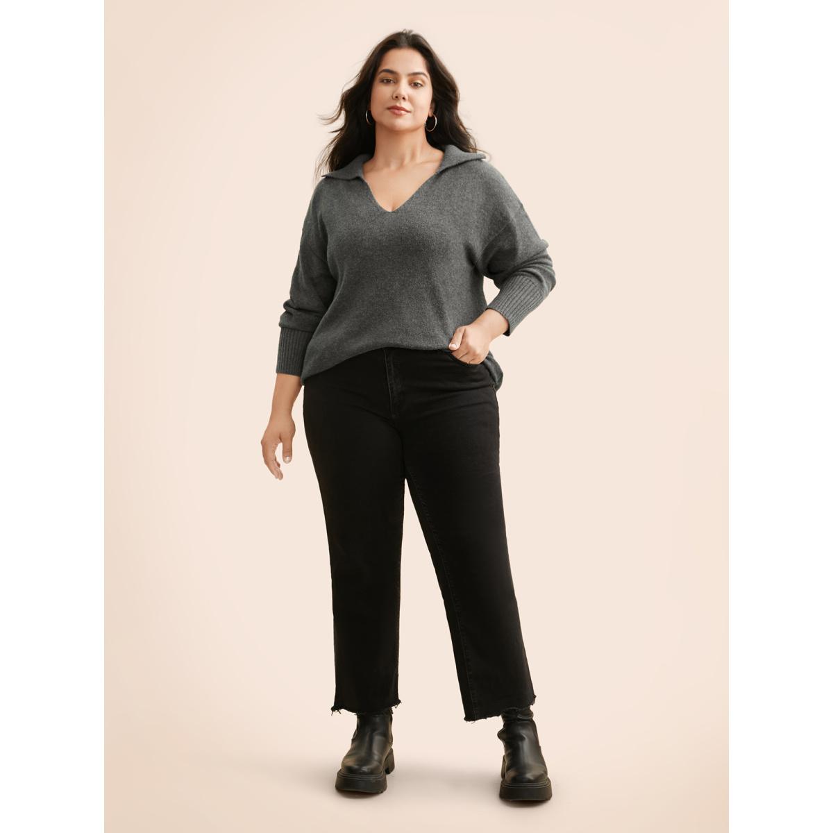 Plus Size Supersoft Essentials Lapel Collar Wool Pullover DimGray Women Casual Long Sleeve Lapel Collar Everyday Pullovers BloomChic 26/4X Product Image