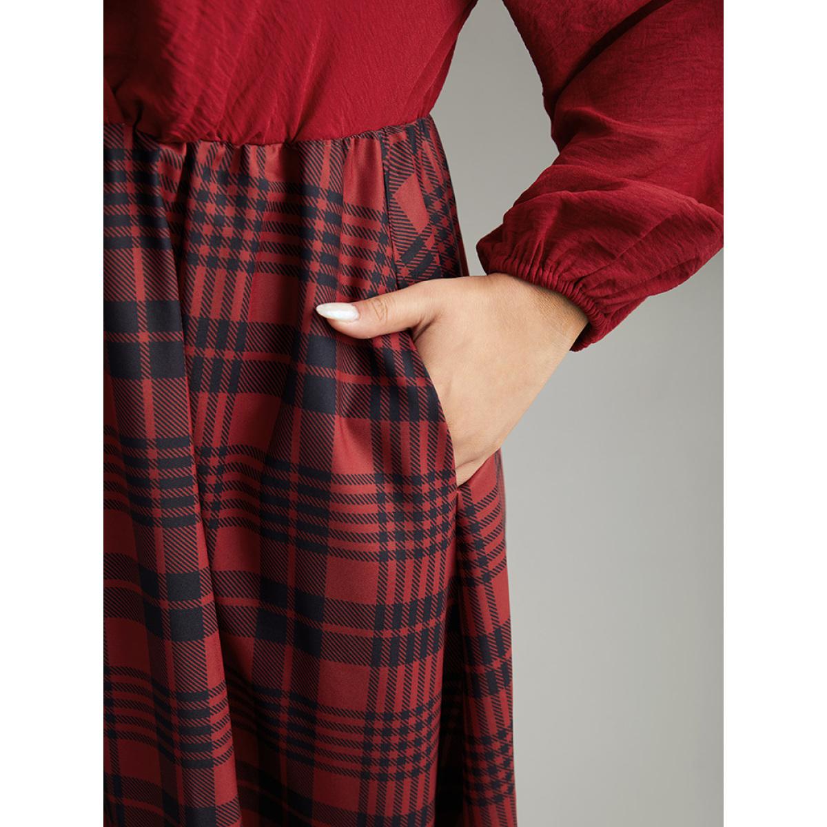 Plus Size Plaid Patchwork Gathered Lantern Sleeve Dress Raspberry Women Casual Elastic cuffs V-neck Long Sleeve Curvy Midi Dress BloomChic 18-20/2X Product Image