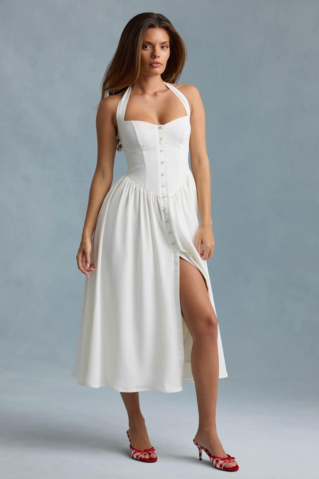 Button-Detail Halterneck Midaxi Dress in White Product Image