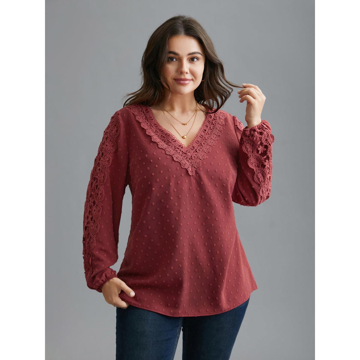 Plus Size Russet Lace Trim V-Neck Textured Blouse Women Elegant Long Sleeve V-neck Everyday Blouses BloomChic 18-20/2X Product Image