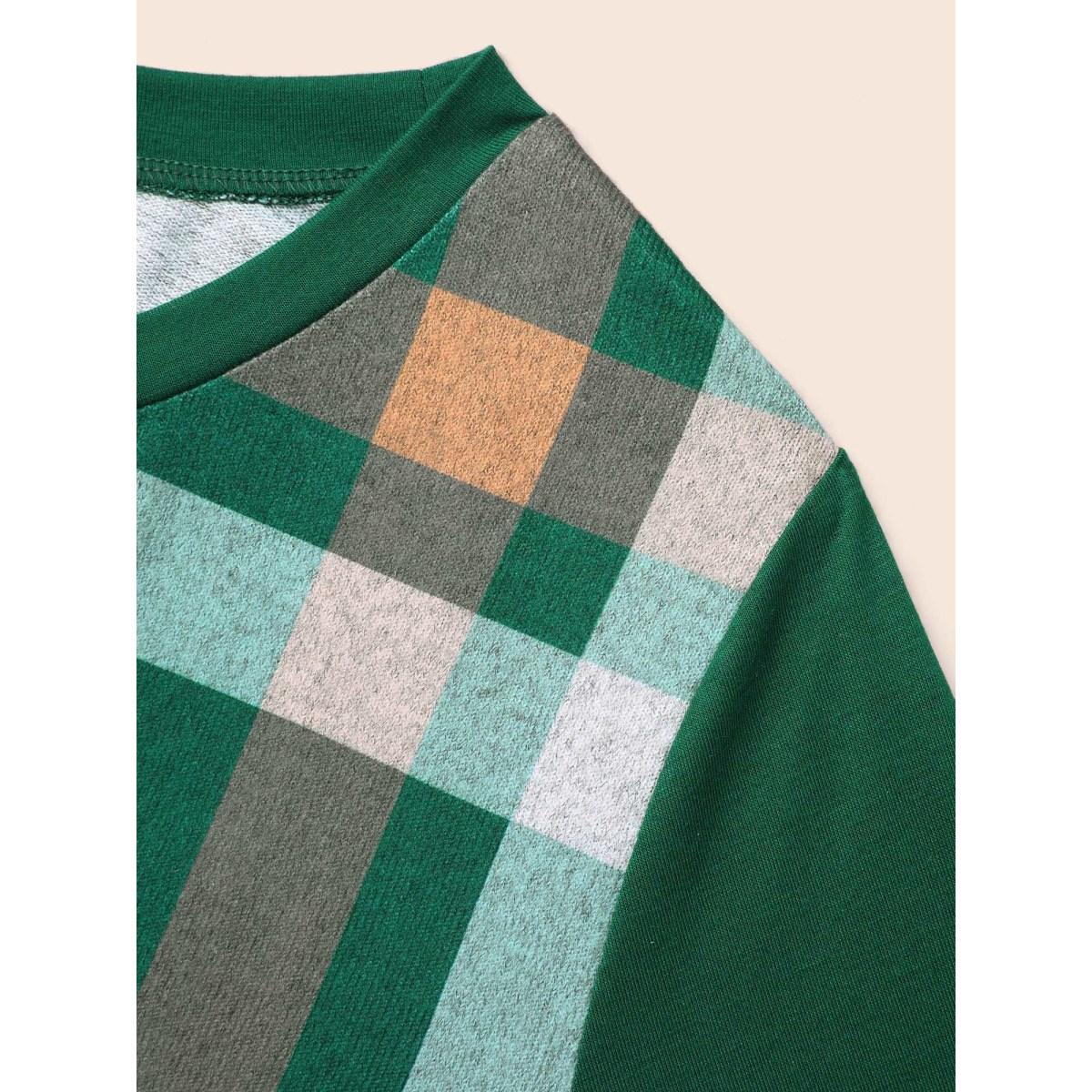Plus Size Plaid Patchwork Solid Long-Sleeves Tee DarkGreen Women Casual Contrast Round Neck Everyday T-shirts BloomChic 10/M Product Image