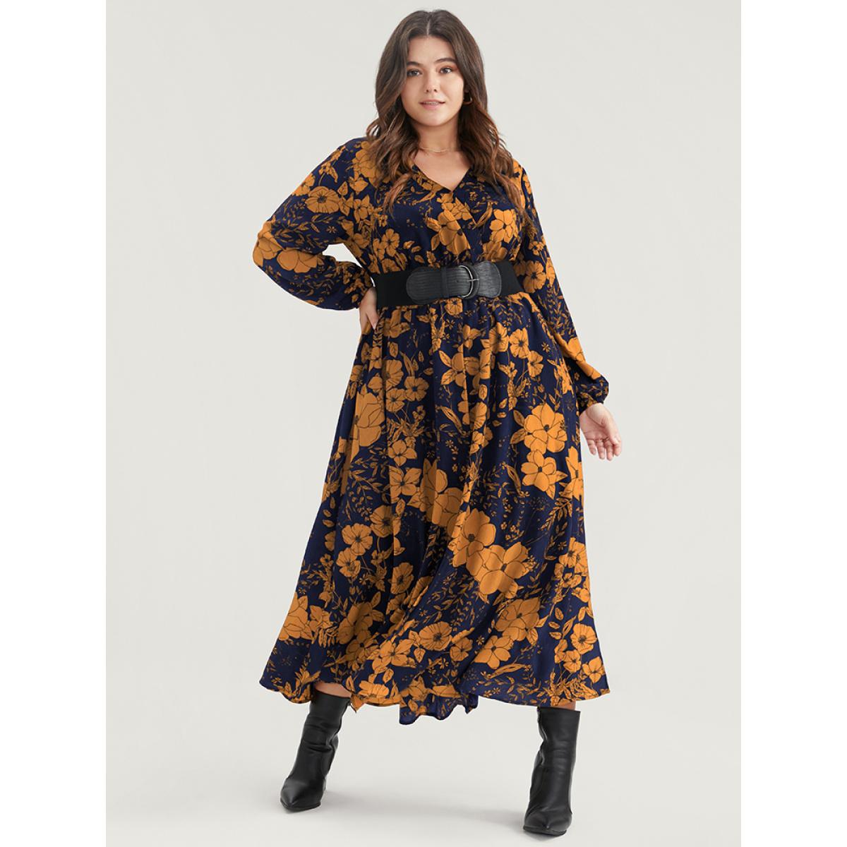 Plus Size Floral Print Pocket Wrap Lantern Sleeve Split Hem Dress Yellow Women Elegant Pocket V-neck Long Sleeve Curvy Midi Dress BloomChic 22-24/3X Product Image