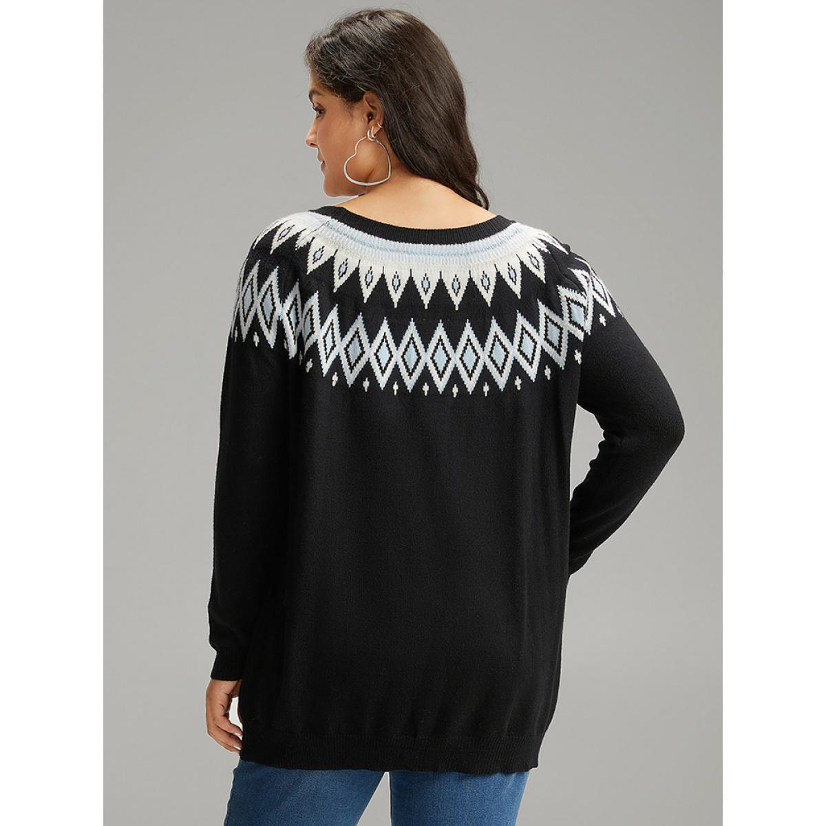 Plus Size Supersoft Essentials Geo Contrast Raglan Sleeve Pullover Black Women Casual Loose Long Sleeve Round Neck Dailywear Pullovers BloomChic 14-16/1X Product Image