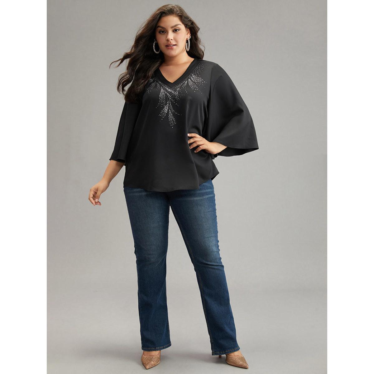 Plus Size Black Twill Rhinestone V Neck Ruffle Sleeve Blouse Women Glamour Elbow-length sleeve V-neck Going out Blouses BloomChic 26/4X Product Image